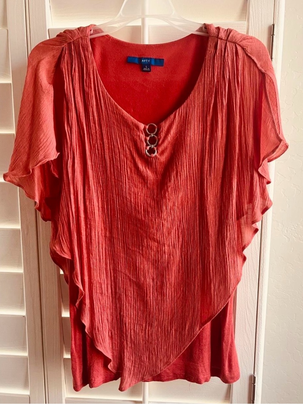 Apt. 9 Coral Asymmetrical Ruffle Sleeve Top with Ring Detail